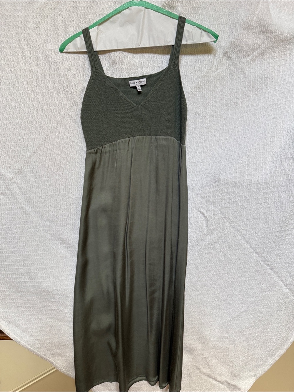 Koko + Mason Sage Green Knit-Bodice Midi Dress